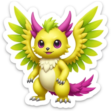 Lime-green and Yellow and Magenta furry cute kawaii winged Fakémon-Scalie-Digimon-creature (full body) sticker