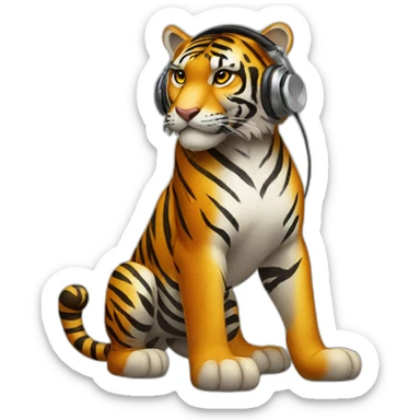 tiger standing on 2 feet wearing headphones sticker