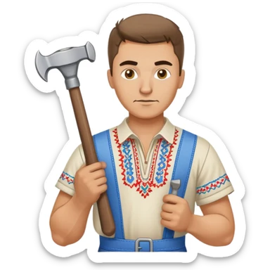 Ukrainian man wearing traditional embroidered vyshyvanka shirt holding construction tools like hammer and wrench sticker