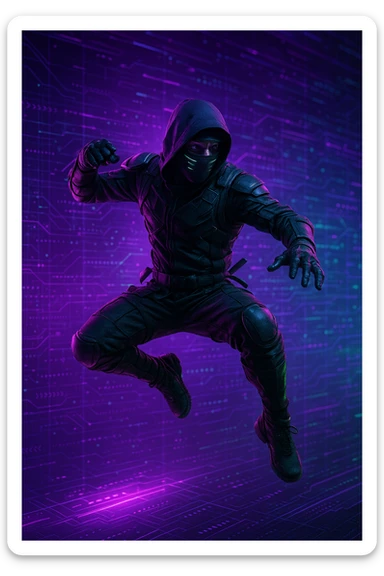 cyber ninja, masked face, purple and green lights, leaping action, abstract tech background sticker