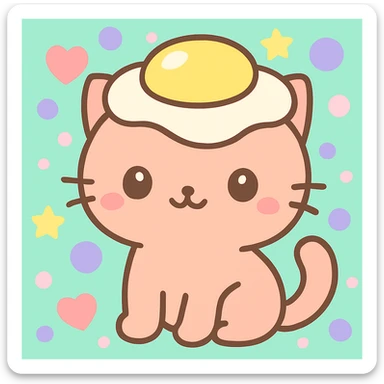 Add a playful, colorful background behind the cartoon cat with a sunny side up egg as a hat, in kawaii style. sticker