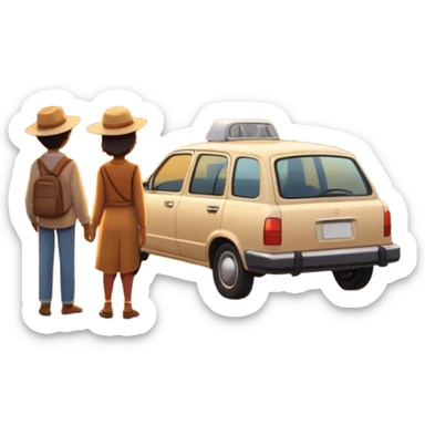A parked car rests on the side of a long with a person outside , empty road stretching toward a golden sunset. The sky glows with warm colors, and the landscape ahead feels open, peaceful, and full of promise. sticker