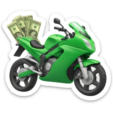 Green motorbike with horse riding it, with flying money sticker