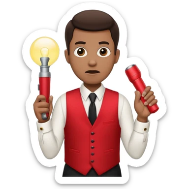 Movie theatre usher in red vest and black tie with flashlight looking scared sticker