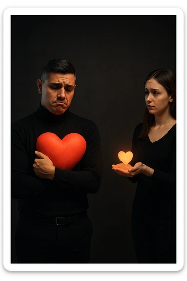 an Italian man in his 30s with olive skin and dark hair stands apart from a woman who offre un piccolo cuore luminoso tra le mani. Lui guarda il cuore con un’espressione triste e insoddisfatta, tenendo tra le braccia un cuore molto più grande e brillante, mentre la distanza tra loro è accentuata da luci soffuse e ombre. sticker