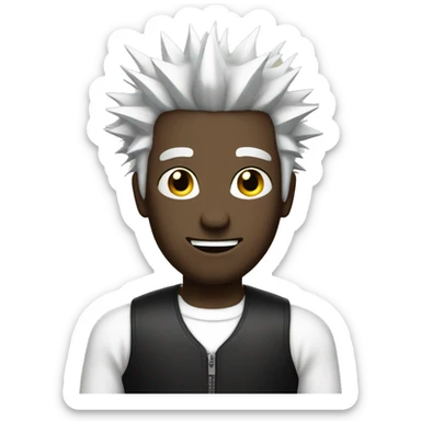 man black outfit white spiky hair holding an crsh sticker
