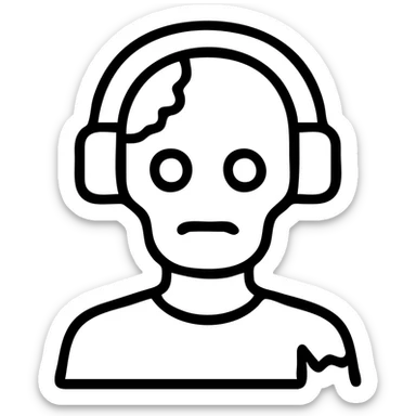 a zombie with headphones, simple black outline icon style sticker