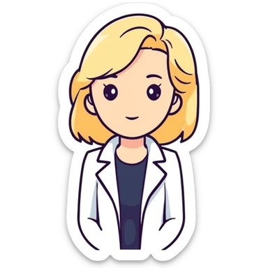 A blonde kinesiologist woman with a thinking face, wearing a white coat, considering therapy options sticker