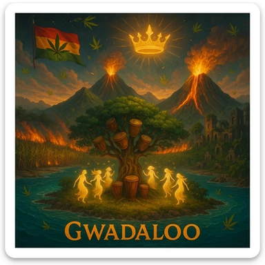 “Depict a mystical reimagining of Guadeloupe, a sacred French Caribbean island renamed Gwadaloo in spiritual rhythm. The landscape blends lush green mountains, twin volcanoes erupting golden light, and deep turquoise sea. In the center stands a legendary Drum Tree — its branches grow carved wooden drums instead of fruit, and glowing ancestral spirits dance around it in a circle of rhythm. Sugarcane fields burn gently in the background, symbolizing the release of colonial pain, while ganja leaves drift in the wind like blessings. Overhead, a sacred ganja-leaf flag flutters in the sky with red, green, and gold colors. A Creole crown floats in golden light above the island, not on any man’s head, but pulsing to the beat of the land. In the distance, ghostly ruins of colonial buildings crumble into dust, reclaimed by vines and time. Use a vibrant, cinematic color palette with warm golden light, deep greens, glowing reds, and ocean blues. Style the scene as prophetic, surreal, and empowering — a vision of Caribbean sovereignty, rhythm, and soul remembrance." sticker