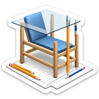 Icon for Furniture Design: a furniture drawing with 3D models of furniture pieces placed on top, accompanied by rulers and a pencil. The icon should represent the design process with focus on precision and modeling. Transparent background. sticker