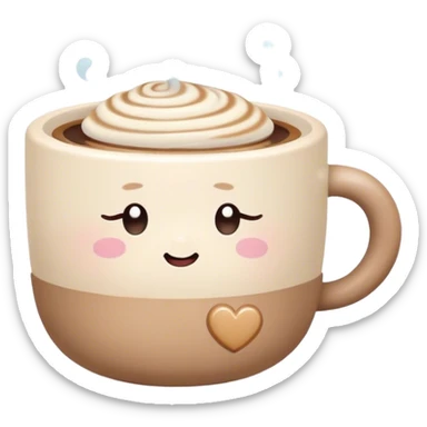 Cute Kawaii Coffee Cup, cozy and warm, a tiny swirl of steam shaped like a heart, round chubby face with a sleepy but content expression, soft pastel brown and cream colors, perfect morning vibes! sticker