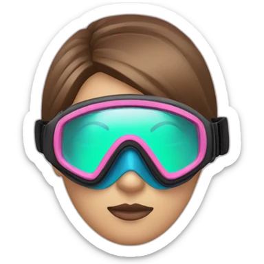 woman large brown and straight hair, pink diving mask with a single crystal. green and blue eyes, scubadiving gear sticker