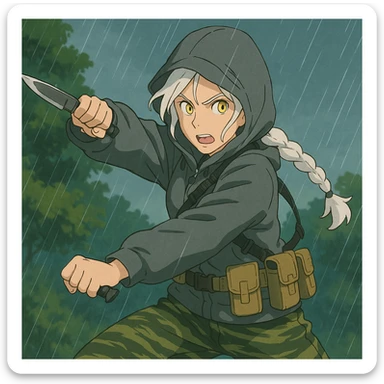 1 female, mid-20's  white hair long braid, gold yellow eyes, gray rainproof hoodie, hood up, single point sling, tan mag pouches on belt rig, tiger stripe camo pants, holding a combat blade, striking, swing sticker