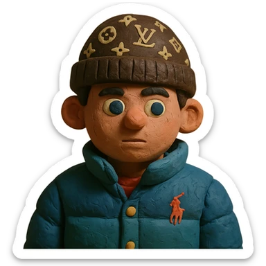 young person wearing a Louis Vuitton beanie and a Ralph Lauren Gorham jacket sticker