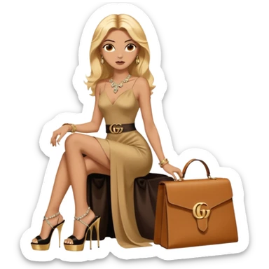 Lilith symbol light brown eyes. Woman of justice and power. Shoulder  length blonde haired  woman with Gucci, and Hermes bags next to her. Wearing long dress with slit, sitting on a lot of gold and big diamonds around her. Black Platform high heels on feet. designer bags around her.  sticker