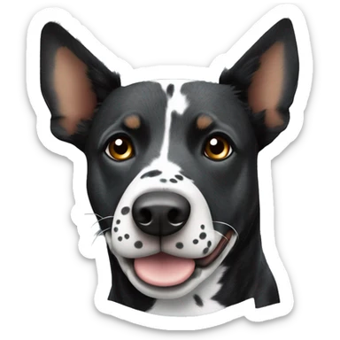 Black cattle dog with pointy ears and white stripe down nose and spotty chest  sticker