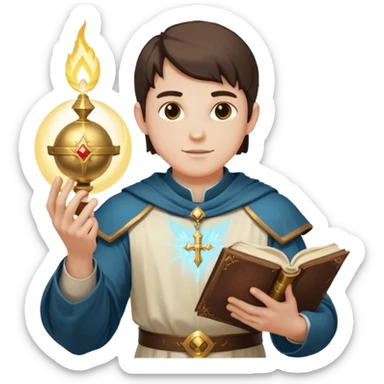 dnd cleric holding a holy book in one hand and having a ball of light in the other sticker