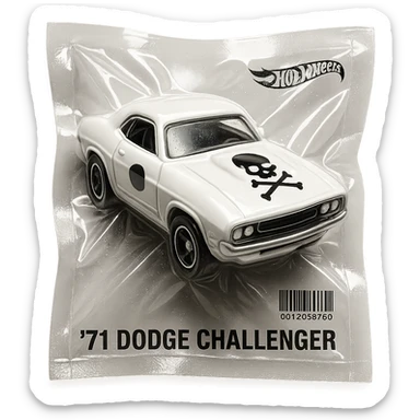 white 1971 Dodge Challenger Hot Wheels toy car, glossy and puffy, inspired by the movie 'Death Proof' sticker