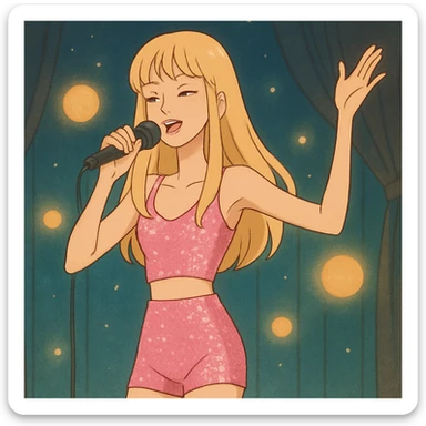Pretty and thin tall Blonde pop star with bangs singing onstage, wearing a sparkly pink outfit   sticker