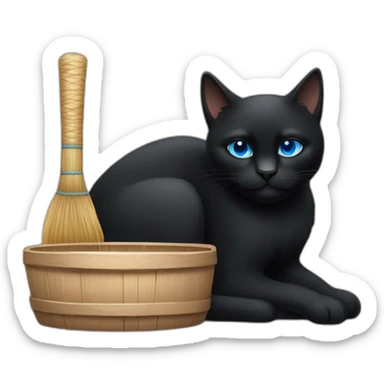 a black cat with blue eyes who sits in a village bathhouse with an oak broom and drinks kvass sticker