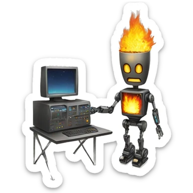 computer burning man extenguishing robot new sticker