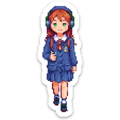 girl in a school uniform with headphones, walking, pixel art style sticker
