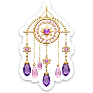Epic Hanging gold suncatcher, threads with shiny sparkly amethyst and rose-quartz gemstones, flowers, moons, stars, gradient colors sticker