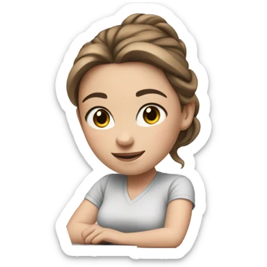 white girl at desk, brown hair, ponytail, blue eyes, computer, airpods sticker
