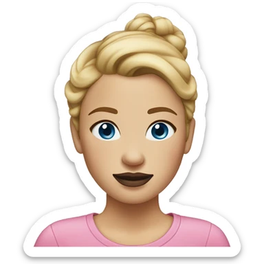 a woman with freckles, blue eyes, light skin, blonde hair with a bun, pink lips. black clothes. sticker