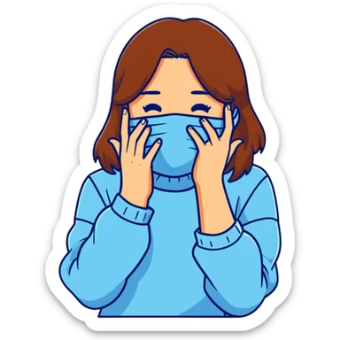 brunette girl with brown hair wearing pastel blue clothes covering her face with her hand sticker