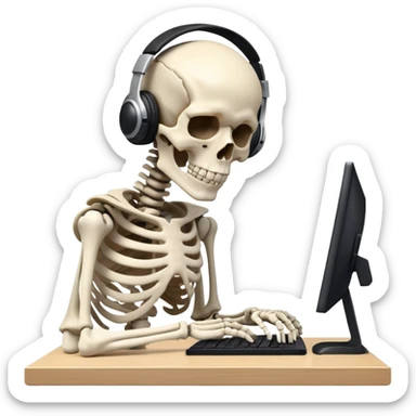 Skeleton sitting at computer with black headphones on slamming his head into his desk sticker