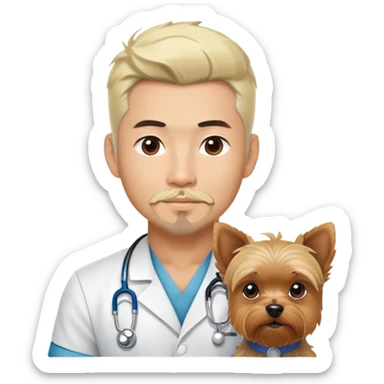 Blonde nurse and a dark haired pointy hair full goatee and muscular hot asain Korean man with one silver hair yorkie.  sticker