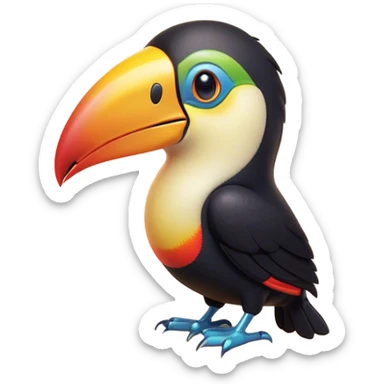 Cinematic Cute Toucan Portrait Emoji, Head tilted playfully and inquisitively, with a delightfully vibrant beak and round, sparkling eyes filled with tropical charm, Simplified yet irresistibly adorable features, highly detailed, glowing with a warm, inviting tropical glow, high shine, affectionate and lively, stylized with a touch of whimsical exotic flair, soft glowing outline, capturing the essence of a mischievous yet loving toucan that seems as if it could flutter out of the screen into your arms! sticker