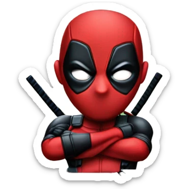 Cute Deadpool sitting at a desk, front view sticker