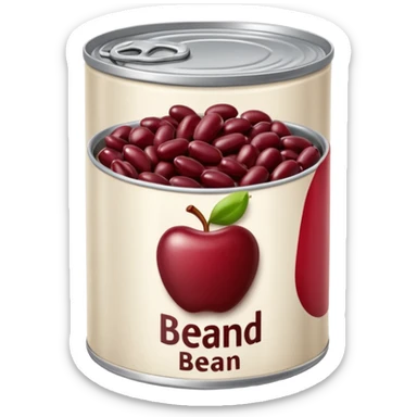 open metal can filled with glossy dark red kidney beans in thick slightly starchy liquid, beans plump smooth gently mounded in plain partially opened tin can, no label or extras, apple emoji style, soft lighting, subtle shadows, transparent background, emoji scale sticker
