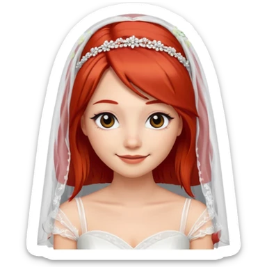 милая девушка невеста, с фатой, рыжими прямыми волосами по плечи, с черными макияжем глаз, тонкими бровями, с улыбкой, в стиле Apple avatar sticker