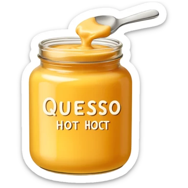 cheese sauce on a jar written "Queso Hot sticker