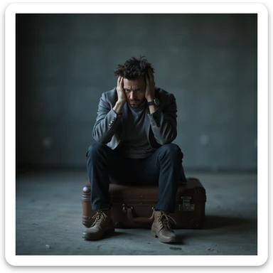 A hyperrealistic 4K image of a man sitting alone on a suitcase in an empty room, with a destroyed face and lost gaze, hands in his hair, conveying an atmosphere of discouragement and fatigue, cold lighting, detailed, conveying the feeling of having to start all over again. sticker