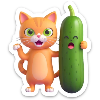 a scared cat next to a cucumber sticker