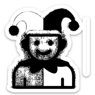 crazy colorful cute little cat jolly joker from poker, medieval, vintage, court jester, mac os icon, purple, gold and red color, head + torso. Squared shape as 3D mac os icon, symmetrical sticker