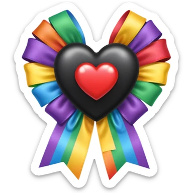 glossy black heart with a rainbow bow in a ribbon rosette style sticker
