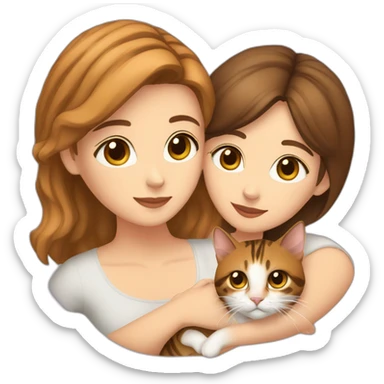 White woman with short brown hair and dark brown eyes with a white woman with light brown shoulder long hair hugging a tabby brown bengal cat sticker