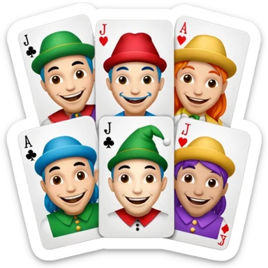 3 poker cards, with crazy colorful human jolly jokers inside, face only sticker