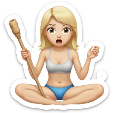 blond woman sitting on her knees with wide eyes, holding a wide skin-colored stick with a D-shaped knob, the stick and the nob have skin texture, water squirting from the knob into her mouth, shocked face, the knob is coming out of pants hanging next to her sticker