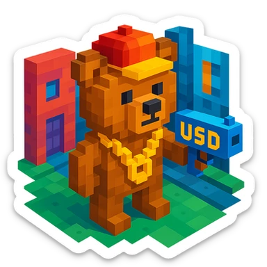 Russian grizzly bear with a rapper chain and a money gun, standing in a city alley sticker