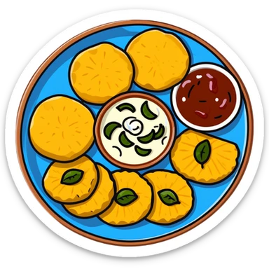 Aloo Tikki Chaat plate with potato patties topped with yogurt and chutneys sticker