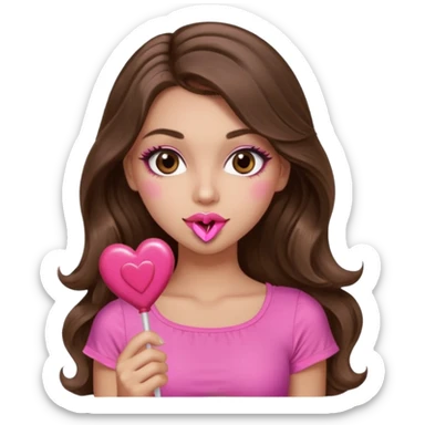 girl with long wavy brown hair, brown eyes, long lashes makeup, sexy pink lips, light to medium complexion, wearing a pink sexy top,, heart lillipop sticker