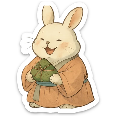 chubby bunny in hanfu holding a bamboo-wrapped zongzi with a big smile, Chinese traditional style, soft tones sticker