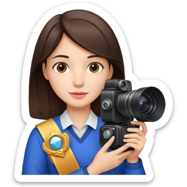 A brunette girl , she’s a proud and successful filmmaker 🍿🌍✨ she’s next to a camera, / holding awards  sticker