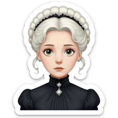 Victorian-era white woman with white coiffed hair, light eyes, wearing a simple dark turtleneck Victorian gown, with a dropped jaw in awe and wonder sticker